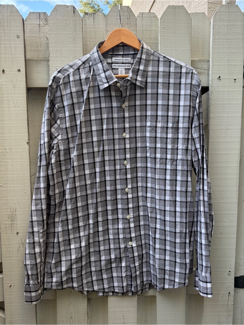 Amazon Essentials Men’s Slim-Fit Gray Plaid Long Sleeve Button Down Shirt